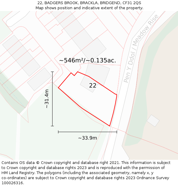 22, BADGERS BROOK, BRACKLA, BRIDGEND, CF31 2QS: Plot and title map