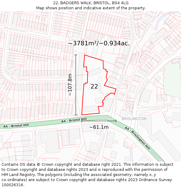 22, BADGERS WALK, BRISTOL, BS4 4LG: Plot and title map