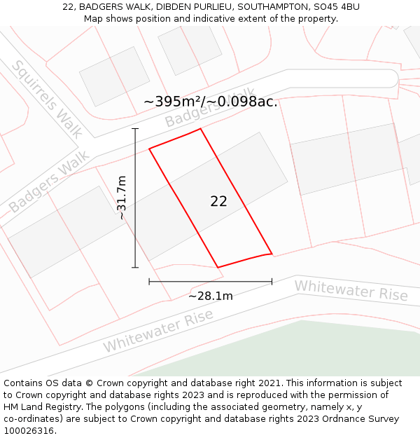 22, BADGERS WALK, DIBDEN PURLIEU, SOUTHAMPTON, SO45 4BU: Plot and title map