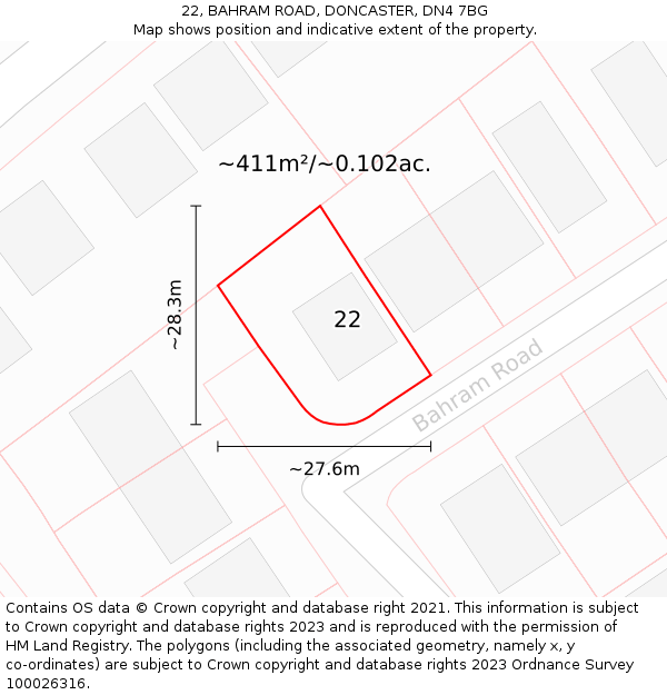 22, BAHRAM ROAD, DONCASTER, DN4 7BG: Plot and title map
