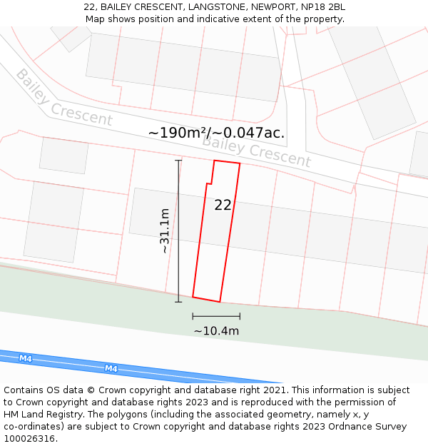 22, BAILEY CRESCENT, LANGSTONE, NEWPORT, NP18 2BL: Plot and title map