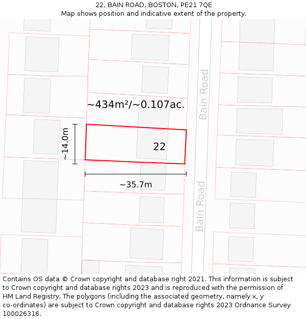 22, BAIN ROAD, BOSTON, PE21 7QE: Plot and title map