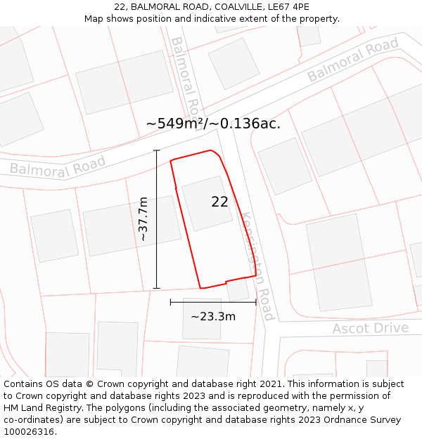 22, BALMORAL ROAD, COALVILLE, LE67 4PE: Plot and title map