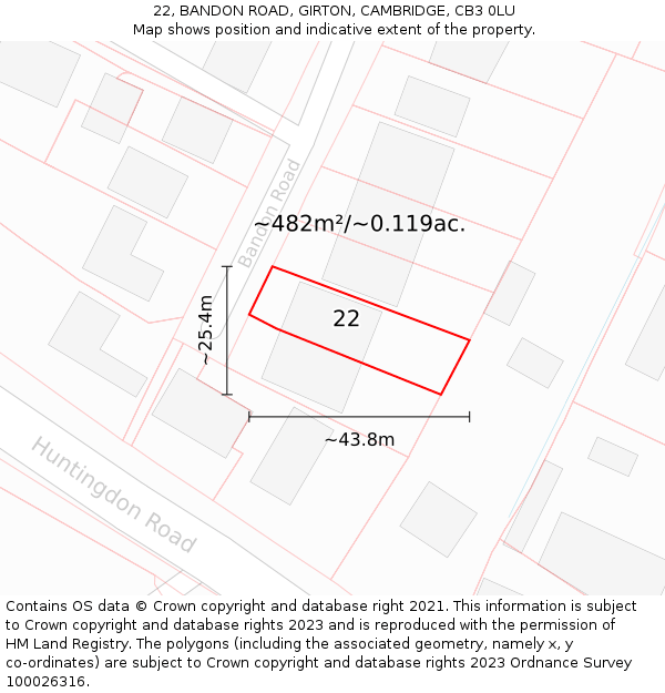 22, BANDON ROAD, GIRTON, CAMBRIDGE, CB3 0LU: Plot and title map