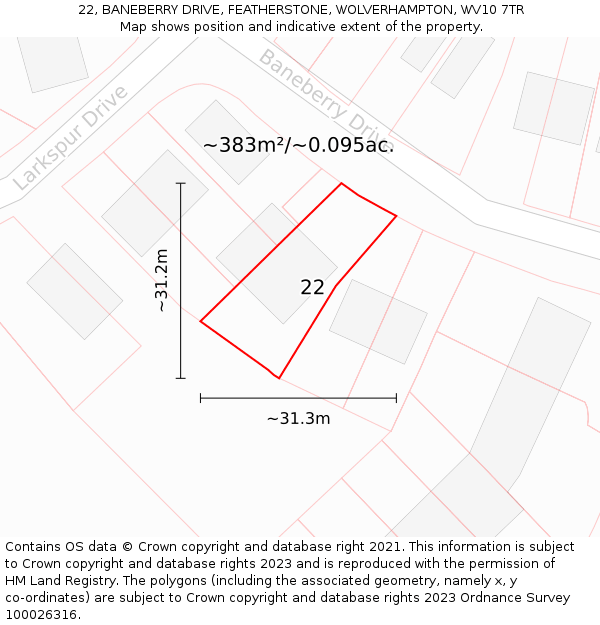 22, BANEBERRY DRIVE, FEATHERSTONE, WOLVERHAMPTON, WV10 7TR: Plot and title map