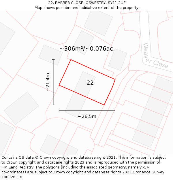 22, BARBER CLOSE, OSWESTRY, SY11 2UE: Plot and title map