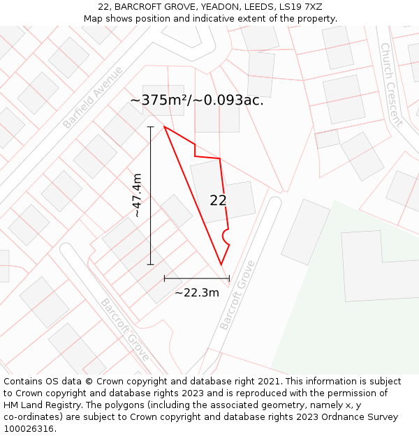 22, BARCROFT GROVE, YEADON, LEEDS, LS19 7XZ: Plot and title map