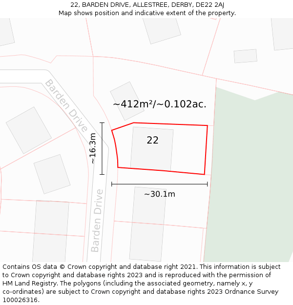 22, BARDEN DRIVE, ALLESTREE, DERBY, DE22 2AJ: Plot and title map