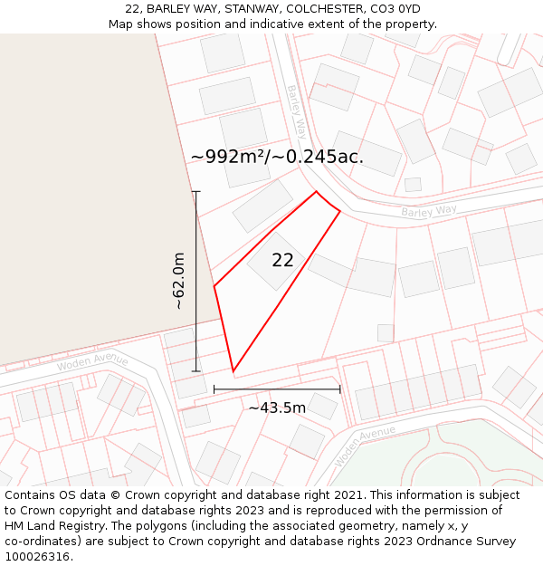 22, BARLEY WAY, STANWAY, COLCHESTER, CO3 0YD: Plot and title map