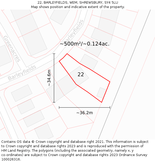 22, BARLEYFIELDS, WEM, SHREWSBURY, SY4 5LU: Plot and title map
