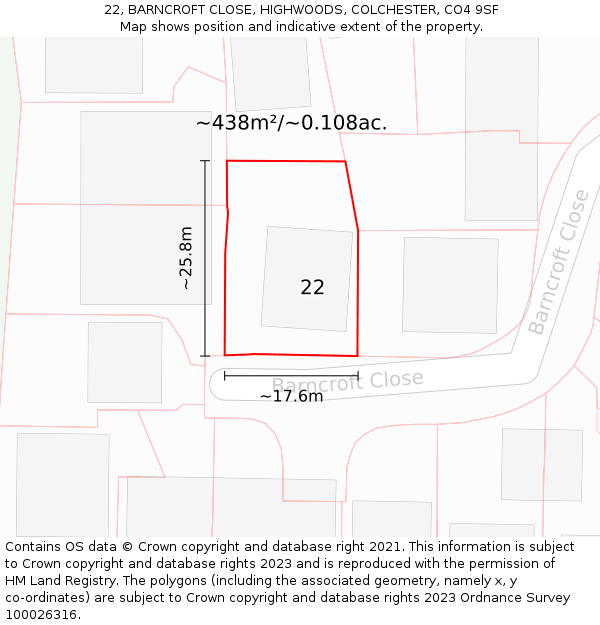 22, BARNCROFT CLOSE, HIGHWOODS, COLCHESTER, CO4 9SF: Plot and title map