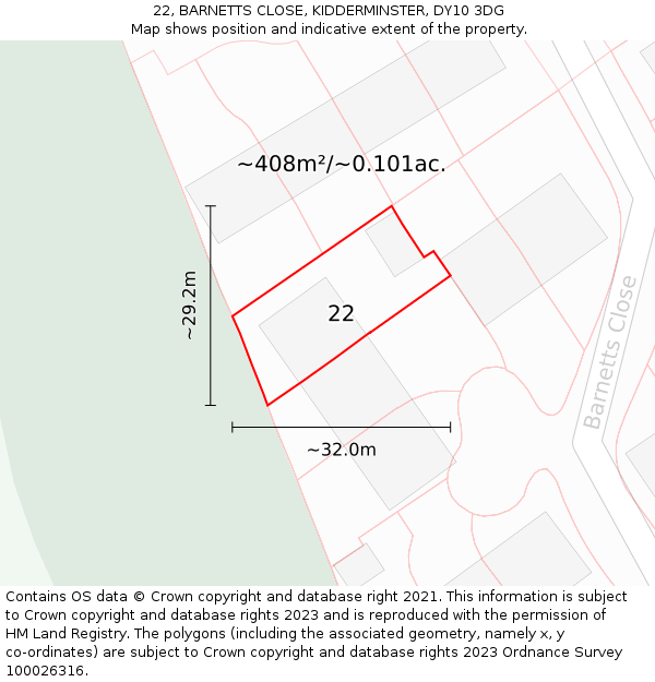 22, BARNETTS CLOSE, KIDDERMINSTER, DY10 3DG: Plot and title map