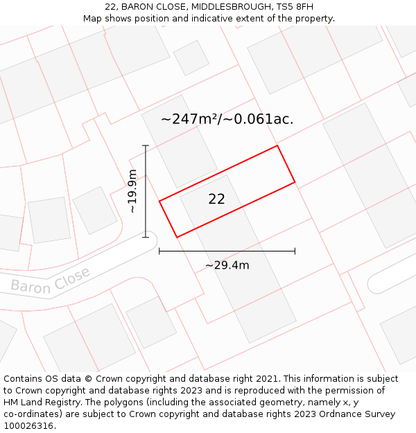22, BARON CLOSE, MIDDLESBROUGH, TS5 8FH: Plot and title map