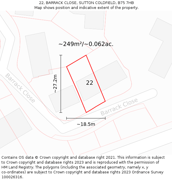 22, BARRACK CLOSE, SUTTON COLDFIELD, B75 7HB: Plot and title map