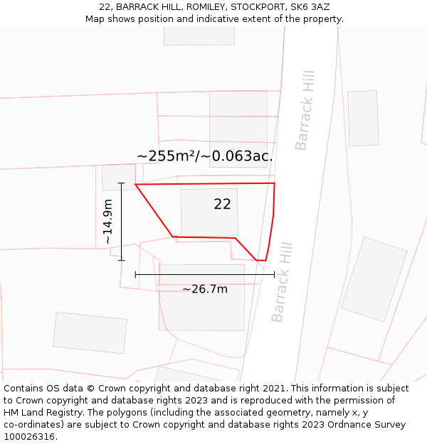 22, BARRACK HILL, ROMILEY, STOCKPORT, SK6 3AZ: Plot and title map