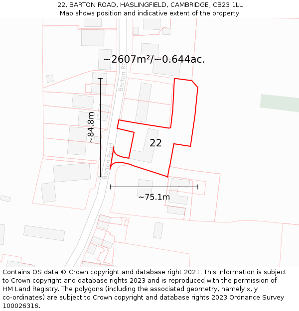 22, BARTON ROAD, HASLINGFIELD, CAMBRIDGE, CB23 1LL: Plot and title map
