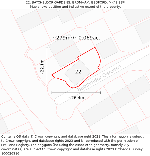 22, BATCHELDOR GARDENS, BROMHAM, BEDFORD, MK43 8SP: Plot and title map