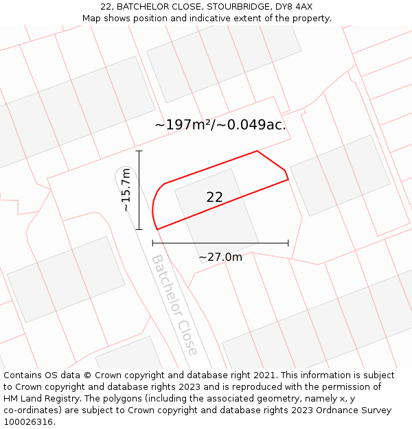 22, BATCHELOR CLOSE, STOURBRIDGE, DY8 4AX: Plot and title map