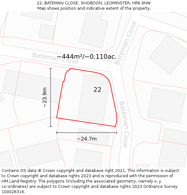 22, BATEMAN CLOSE, SHOBDON, LEOMINSTER, HR6 9NW: Plot and title map