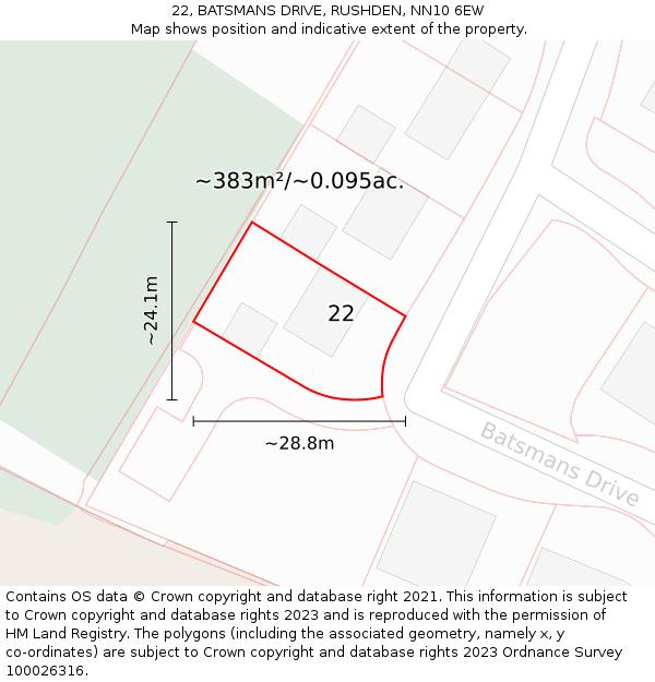 22, BATSMANS DRIVE, RUSHDEN, NN10 6EW: Plot and title map