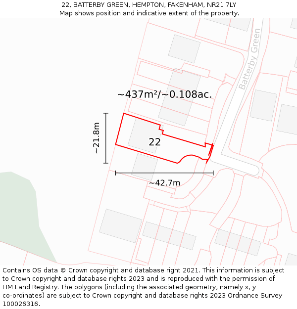 22, BATTERBY GREEN, HEMPTON, FAKENHAM, NR21 7LY: Plot and title map