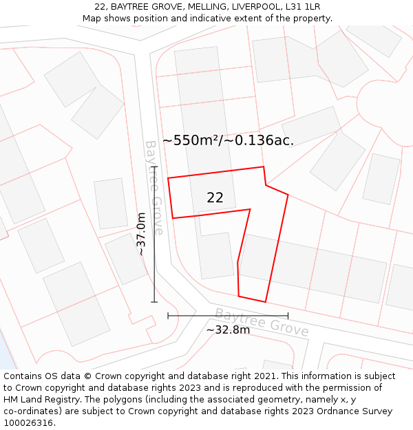 22, BAYTREE GROVE, MELLING, LIVERPOOL, L31 1LR: Plot and title map
