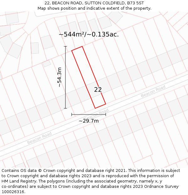22, BEACON ROAD, SUTTON COLDFIELD, B73 5ST: Plot and title map
