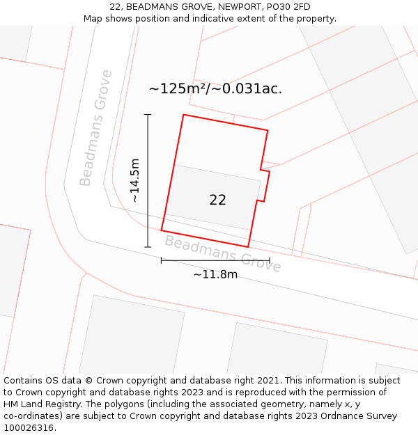 22, BEADMANS GROVE, NEWPORT, PO30 2FD: Plot and title map