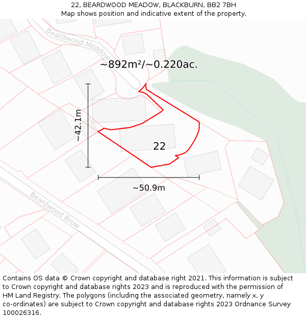 22, BEARDWOOD MEADOW, BLACKBURN, BB2 7BH: Plot and title map