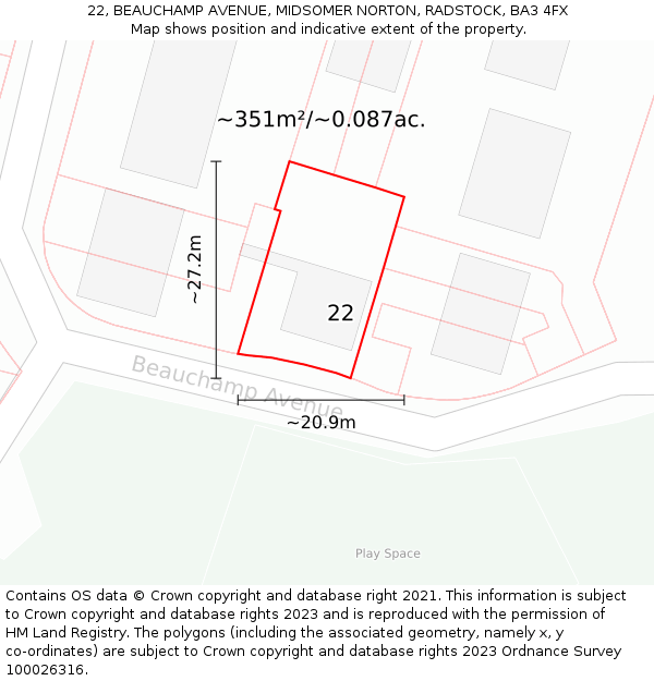 22, BEAUCHAMP AVENUE, MIDSOMER NORTON, RADSTOCK, BA3 4FX: Plot and title map