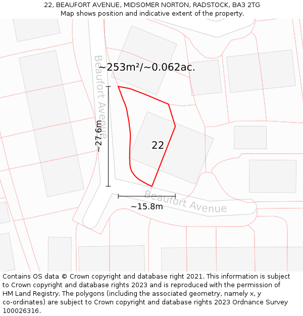 22, BEAUFORT AVENUE, MIDSOMER NORTON, RADSTOCK, BA3 2TG: Plot and title map
