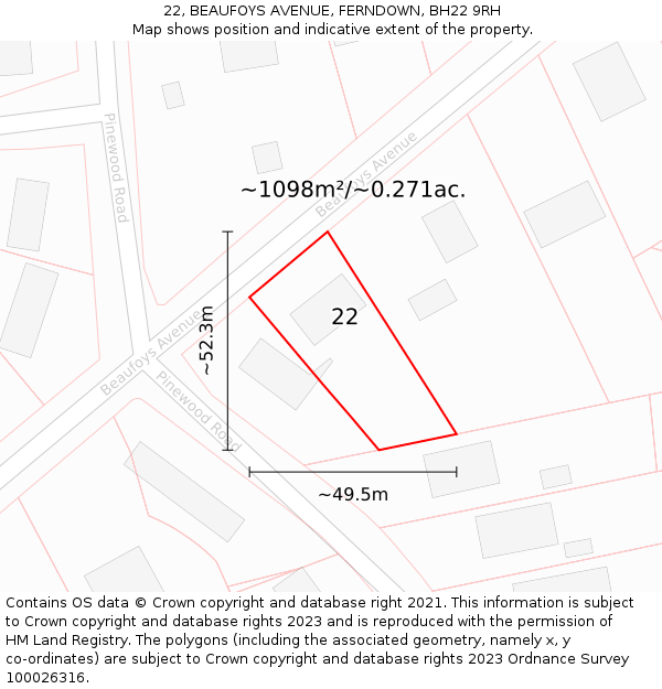 22, BEAUFOYS AVENUE, FERNDOWN, BH22 9RH: Plot and title map