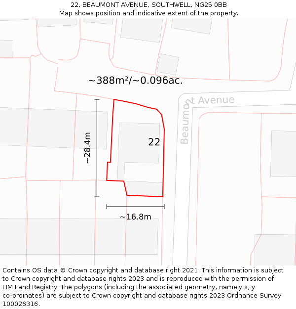22, BEAUMONT AVENUE, SOUTHWELL, NG25 0BB: Plot and title map