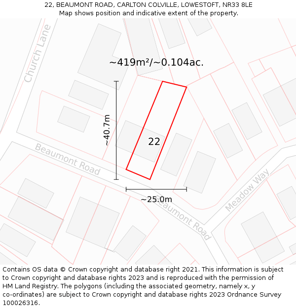 22, BEAUMONT ROAD, CARLTON COLVILLE, LOWESTOFT, NR33 8LE: Plot and title map
