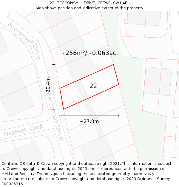 22, BECCONSALL DRIVE, CREWE, CW1 4RU: Plot and title map