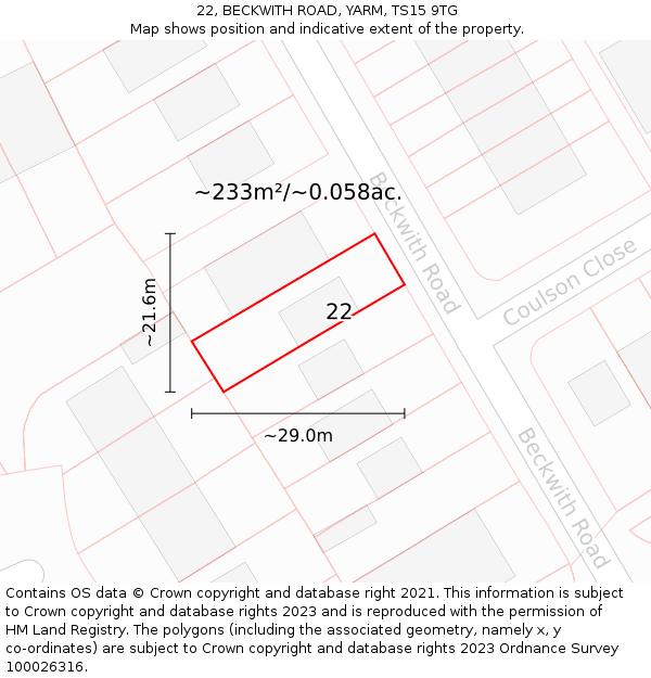 22, BECKWITH ROAD, YARM, TS15 9TG: Plot and title map