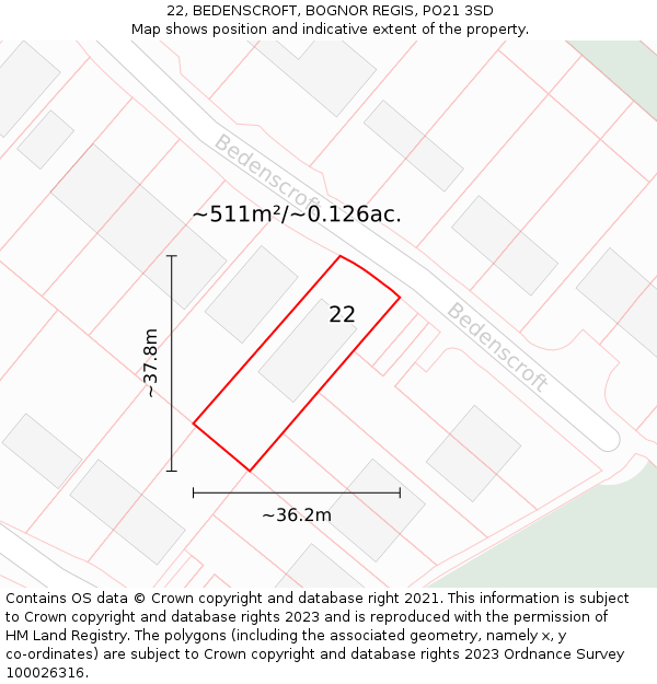 22, BEDENSCROFT, BOGNOR REGIS, PO21 3SD: Plot and title map