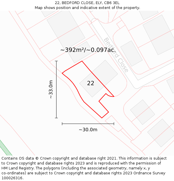 22, BEDFORD CLOSE, ELY, CB6 3EL: Plot and title map