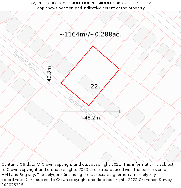 22, BEDFORD ROAD, NUNTHORPE, MIDDLESBROUGH, TS7 0BZ: Plot and title map