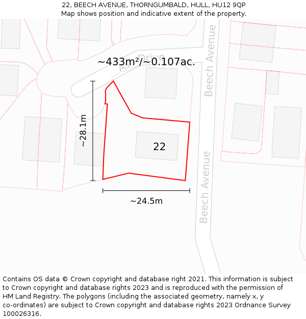 22, BEECH AVENUE, THORNGUMBALD, HULL, HU12 9QP: Plot and title map