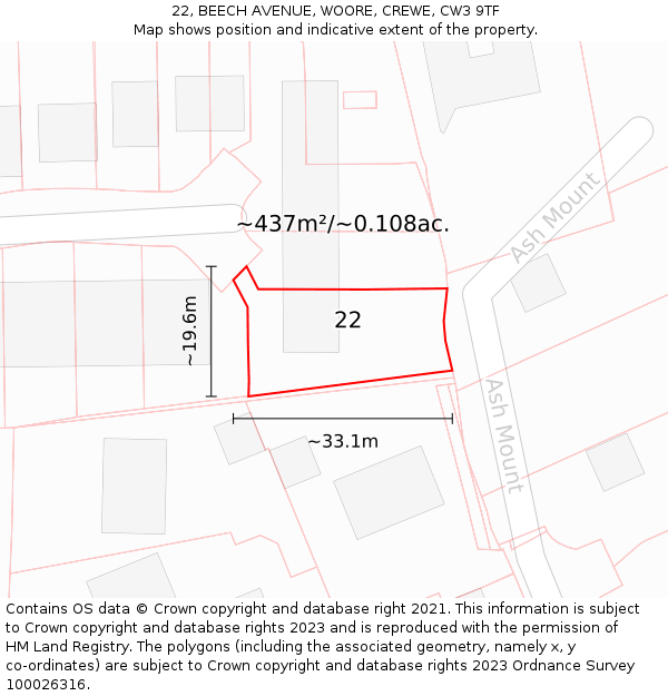22, BEECH AVENUE, WOORE, CREWE, CW3 9TF: Plot and title map