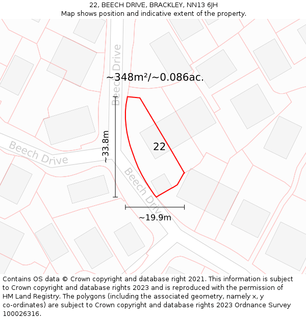 22, BEECH DRIVE, BRACKLEY, NN13 6JH: Plot and title map