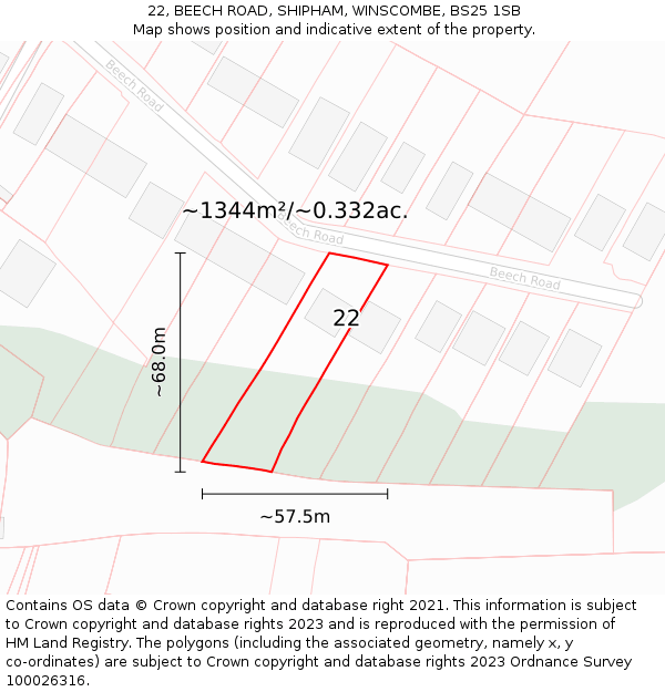 22, BEECH ROAD, SHIPHAM, WINSCOMBE, BS25 1SB: Plot and title map