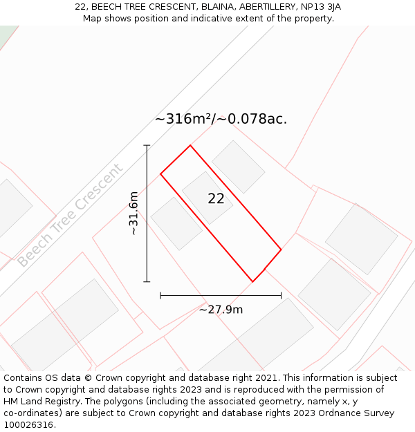 22, BEECH TREE CRESCENT, BLAINA, ABERTILLERY, NP13 3JA: Plot and title map