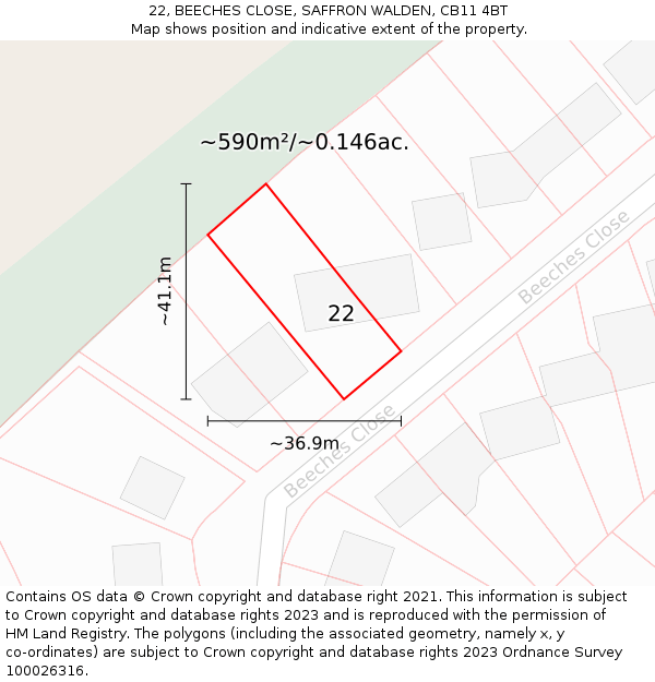 22, BEECHES CLOSE, SAFFRON WALDEN, CB11 4BT: Plot and title map