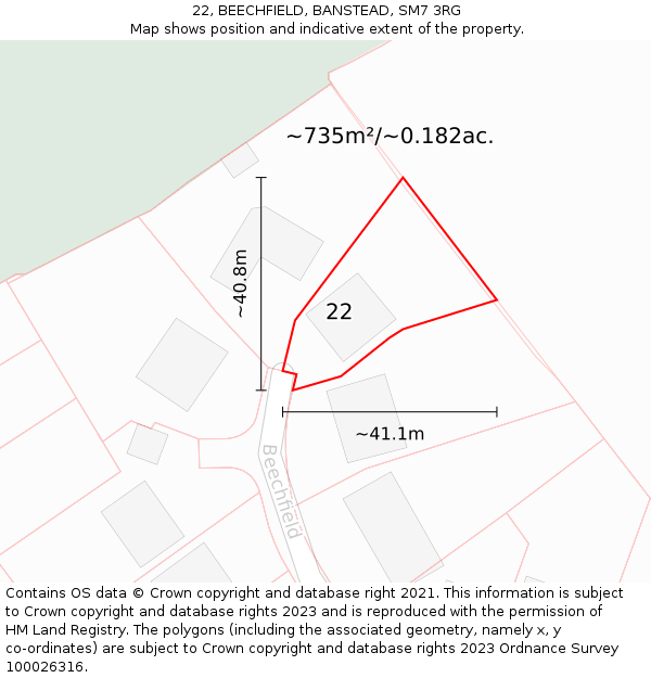 22, BEECHFIELD, BANSTEAD, SM7 3RG: Plot and title map