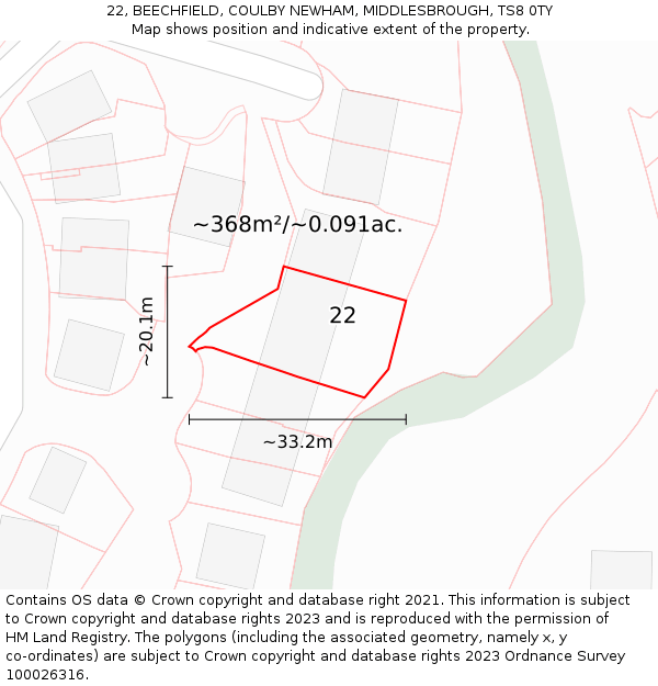 22, BEECHFIELD, COULBY NEWHAM, MIDDLESBROUGH, TS8 0TY: Plot and title map