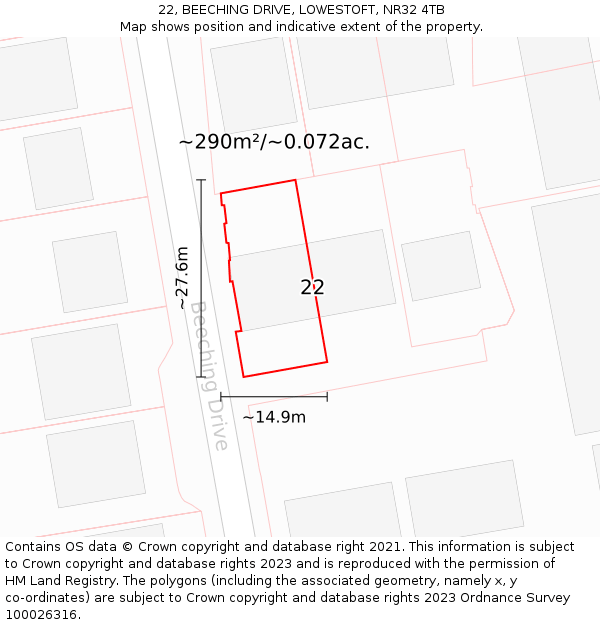 22, BEECHING DRIVE, LOWESTOFT, NR32 4TB: Plot and title map