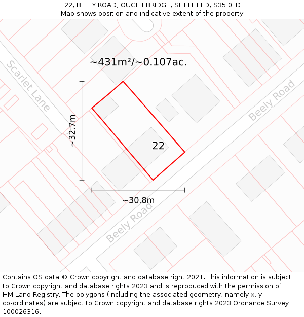 22, BEELY ROAD, OUGHTIBRIDGE, SHEFFIELD, S35 0FD: Plot and title map