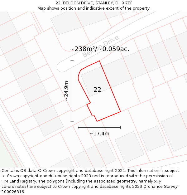 22, BELDON DRIVE, STANLEY, DH9 7EF: Plot and title map
